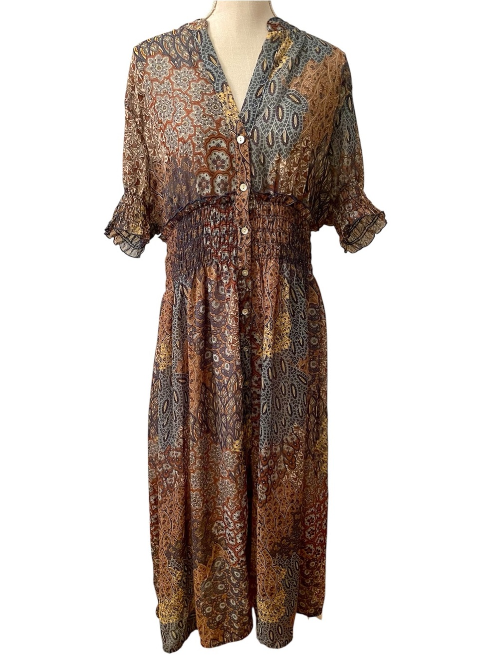 Kate and Lily Smocked Boho Cottage Core Paisley Maxi Dress Size 18W